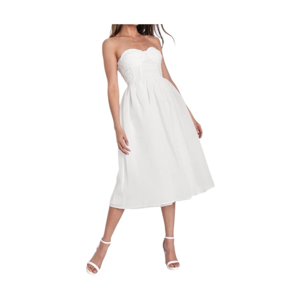 Lulu’s Stunning Sweetie White Strapless Bustier Midi Dress White Sweetheart M